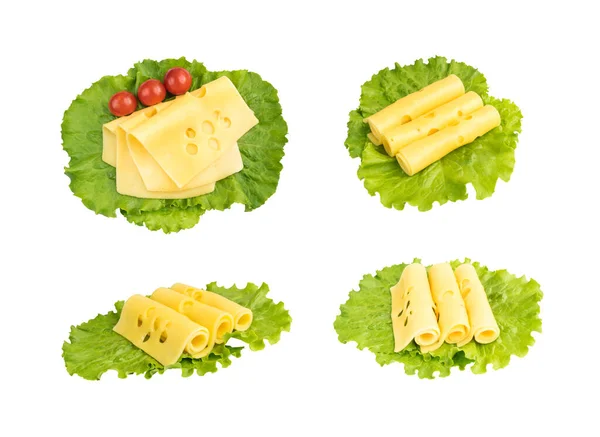 Gesneden Maasdammer Kaas Met Groene Sla Salade Geïsoleerd Witte Achtergrond — Stockfoto