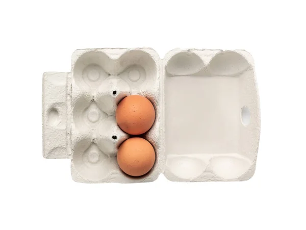 Abre Caja Huevo Con Dos Huevos Marrones Aislados Sobre Fondo — Foto de Stock