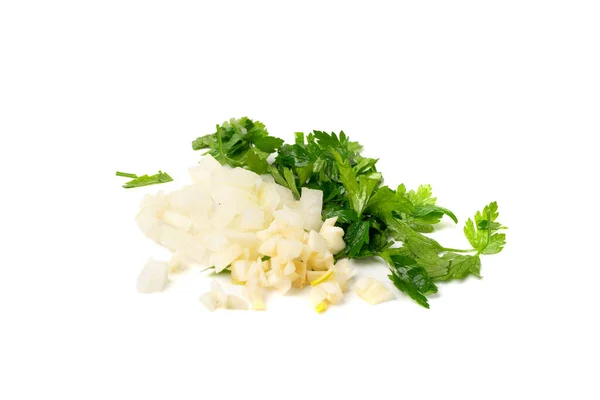 Fresh Green Chopped Parsley Leaves Garlic Isolated White Background Spicy — Stock Photo, Image