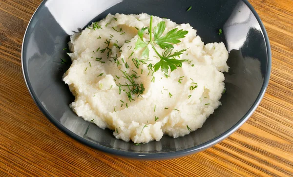 Homemade Cauliflower Puree Gray Plate Closeup Healthy Diet Vegetable Food — Stock Photo, Image