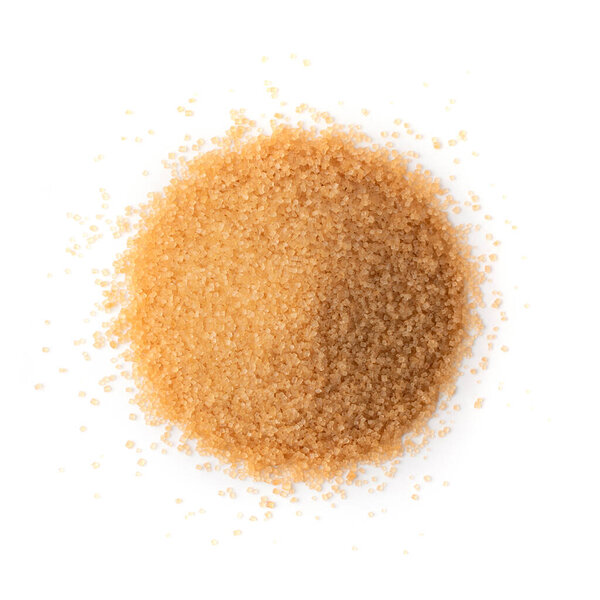 Pile of brown sugar isolated on white background. Raw unrefined cane sugar heap top view