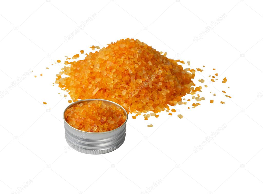 Heap of colorful bath salts isolated on white background side view. Aromatic orange salt crystals for body spa, bathing, beauty treatments, relaxation