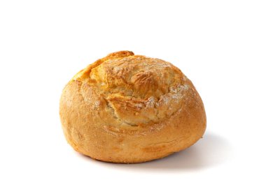 Bir altın buğday çöreği, kesme yolu olan beyaz arka planda izole edilmiş. Yuvarlak glütensiz çörek.