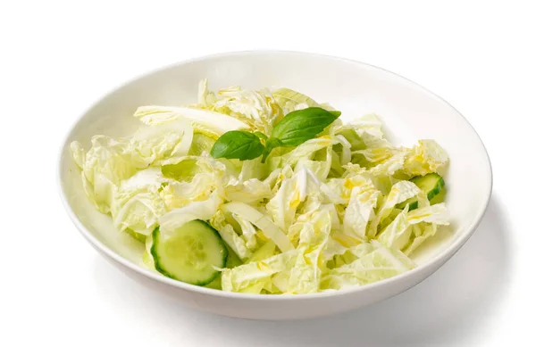 Salad of Chopped Chinese Cabbage, Napa Cabbage or Wombok Isolated on White Background. Fresh Green Sliced Cabbage Salat with Cucumbers, Onions and Herbs — Stock Image Salad Chopped Chinese Cabbage Napa Cabbage Wombok Isolated White Background Stock Image