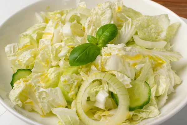 Salad of Chopped Chinese Cabbage, Napa Cabbage or Wombok Isolated on White Background. Fresh Green Sliced Cabbage Salat with Cucumbers, Onions and Herbs — Stock Image Salad Chopped Chinese Cabbage Napa Cabbage Wombok Isolated White Background Stock Picture