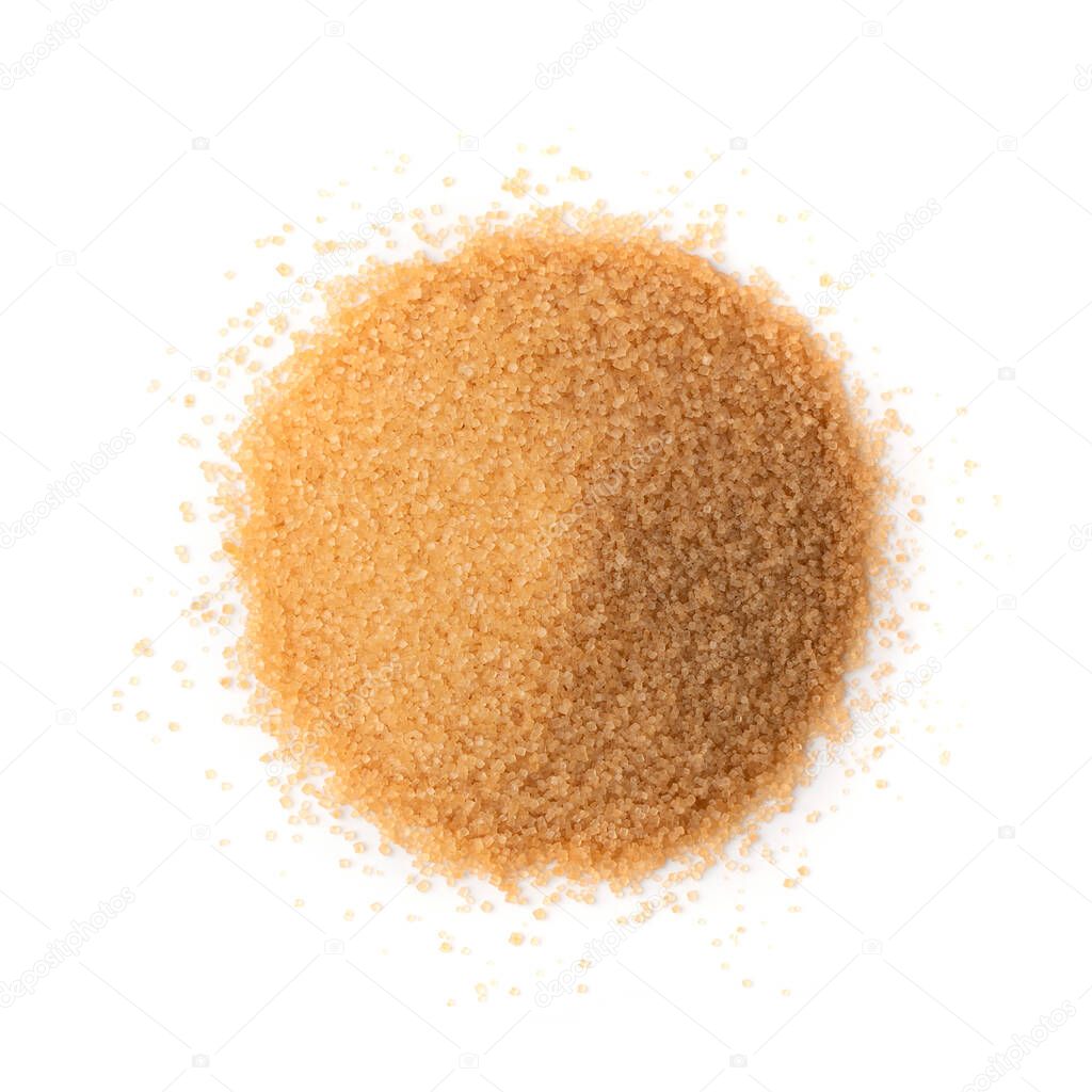 Pile of brown sugar isolated on white background. Raw unrefined cane sugar heap top view
