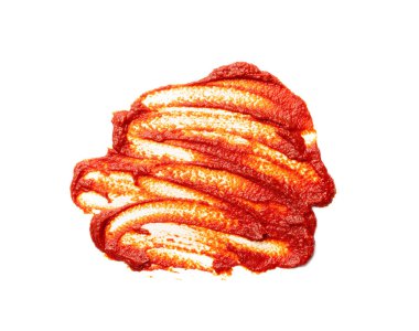 Ketçap sıçraması ya da beyaz arka planda izole edilmiş domates sosu damlası. Katsup yapıştırıcısı ya da pomidor sıçrama yukarı görünüm