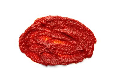 Ketchup splash or tomato sauce blob isolated on white background. Catsup paste dollop or pomidor splash drop top view clipart