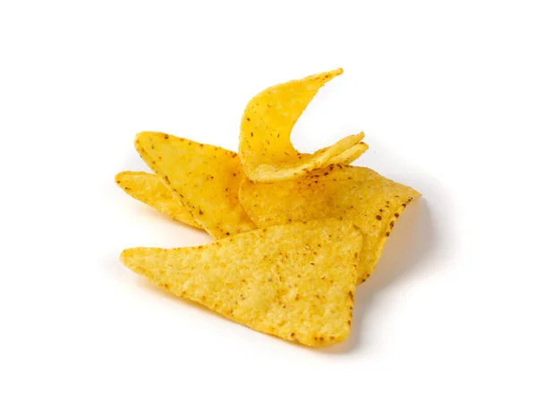 Haufen Dreieckiger Maissplitter Isoliert Auf Weißem Hintergrund Mexikanische Nachos Chips — Stockfoto