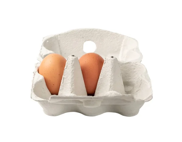 Caixa Aberta Com Dois Ovos Marrons Inteiros Isolados Fundo Branco — Fotografia de Stock