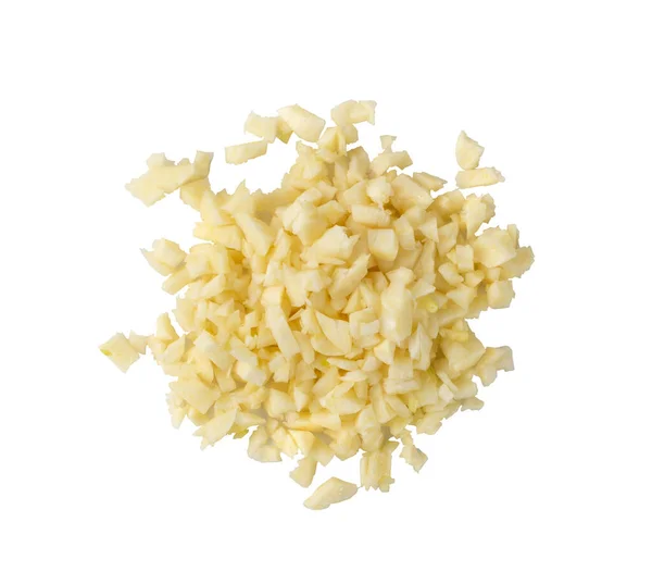 Φρέσκο Ψιλοκομμένο Σκόρδο Απομονωμένο Λευκό Φόντο Μονοπάτι Αποκοπής Άλμα Θρυμματισμένο — Φωτογραφία Αρχείου
