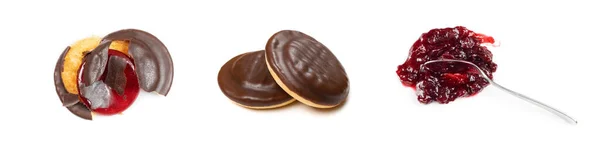 加有天然果酱的果冻饼或饼干饼干 用果冻或果冻包裹的圆形巧克力饼干 — 图库照片