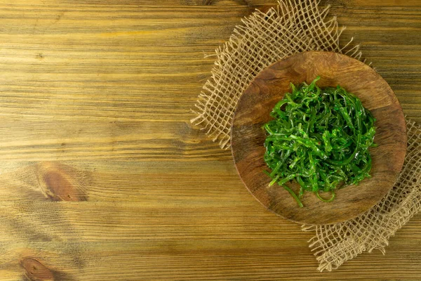 Green Chuka Seaweed Salad Rustic Background Top View Wakame Sea — Stok Foto