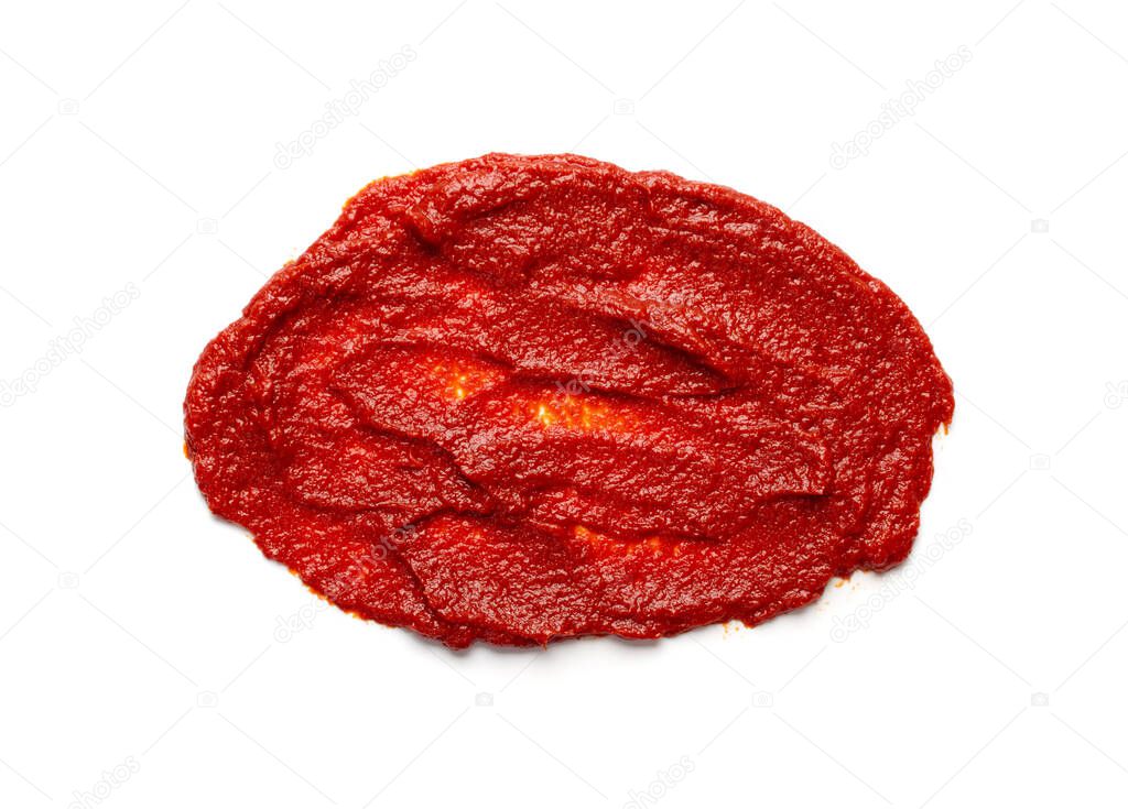 Ketchup splash or tomato sauce blob isolated on white background. Catsup paste dollop or pomidor splash drop top view