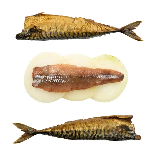 Anchovy Onion Rings Smoke Mackerel Isolated White Background Fish Filet — Stock Photo, Image