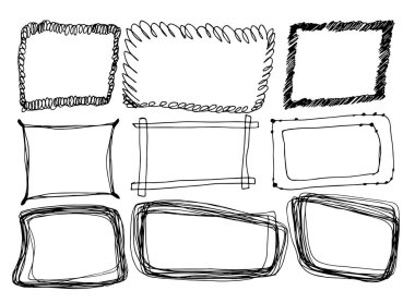 El Çekimi Vektör Çerçeve Koleksiyonu beyaza izole edildi. Çizgi film Biçimi Kalem Efekti veya Kömür Dokusuyla Çizgi Roman Kenarlıkları