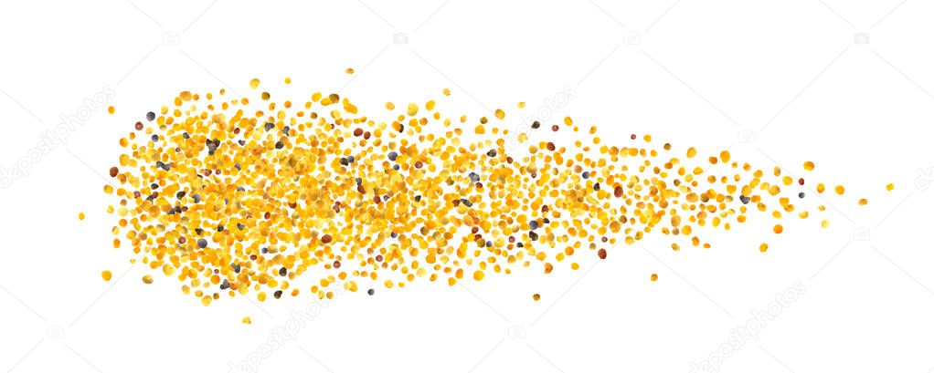 Scattered bee pollen or perga isolated on white background top view. Raw brown, yellow, orange and blue flower pollen grains or bee bread v