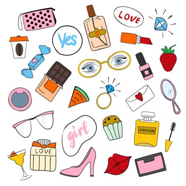 Moda elle çizilmiş çıkartmaları kümesi