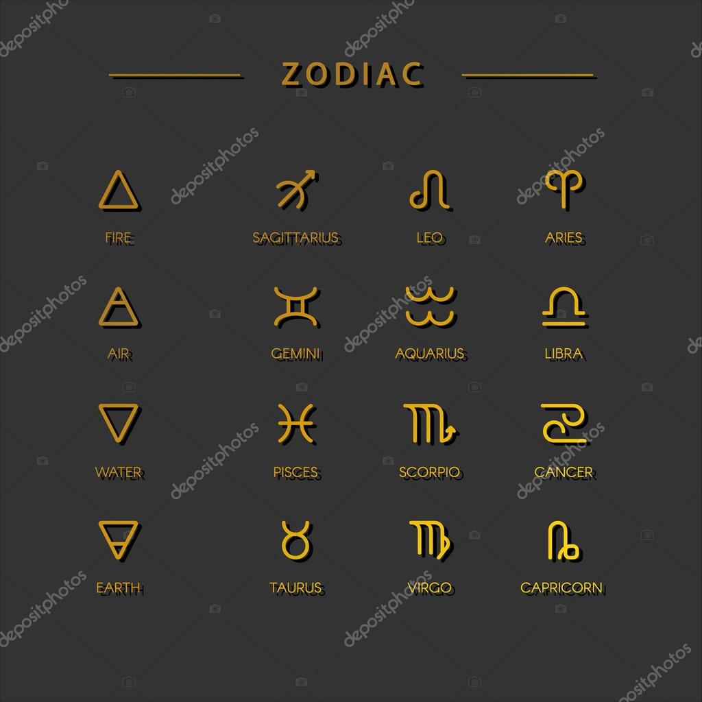 Thin line vector zodiacal symbols. Astrology, horoscope sign, graphic design elements, printing template. Zodiac Signs on black background.
