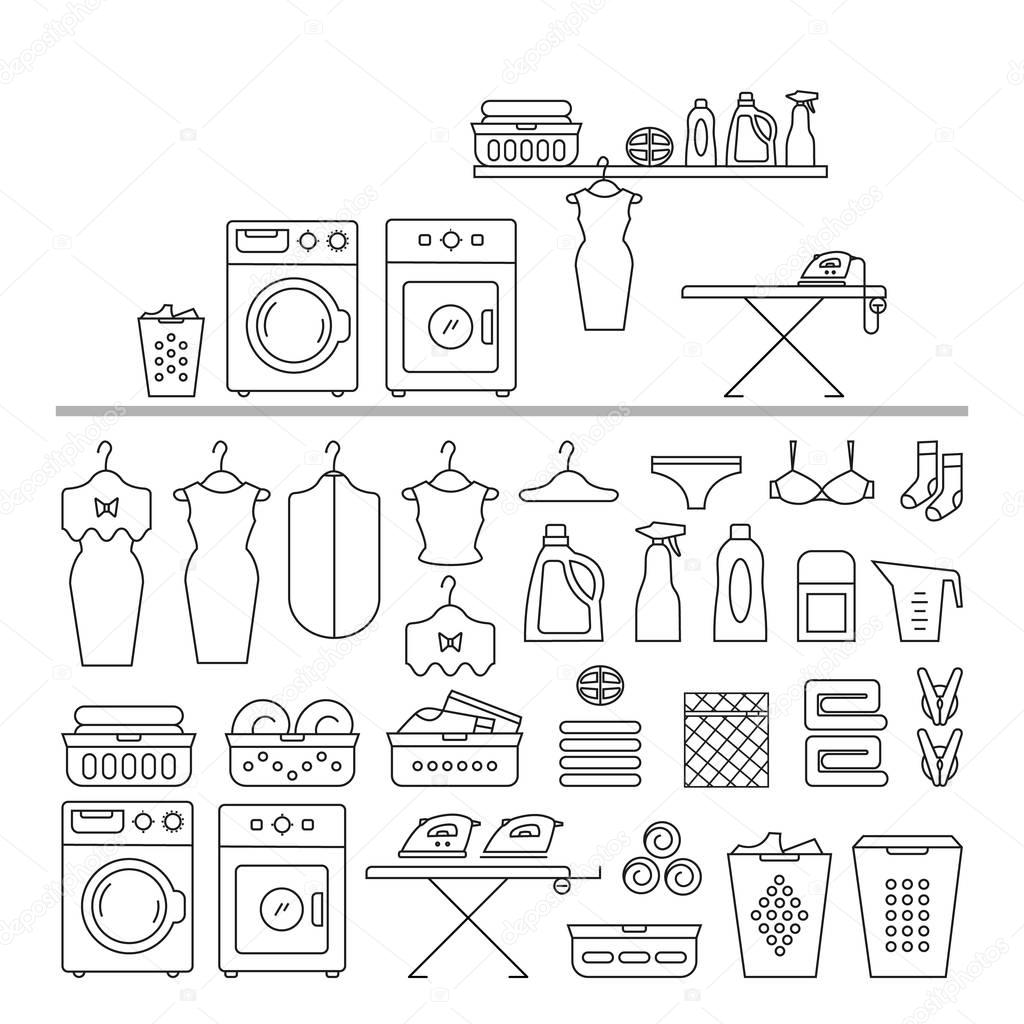 Elements for laundry interior, and a large set of laundry icons. Laundry room interior vector. Laundry room interior element isolated.