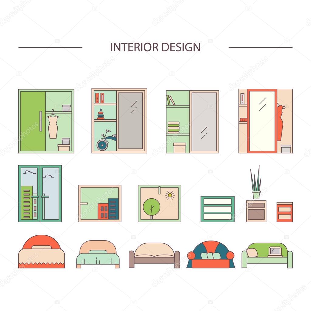 Set of line interior design icons.