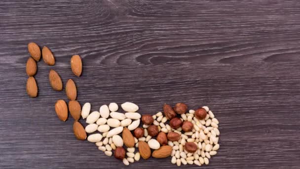 Huruf-huruf yang terbentuk dari tumpukan kacang. Kacang bergerak ke dalam kata NUTS. Hentikan gerak — Stok Video