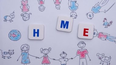 Word çizim aile arka plan üzerinde ev kırmızı ve mavi mektup formu. 