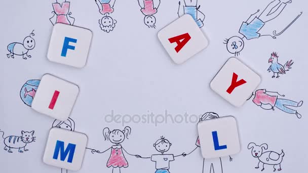 Famiglia di parole su sfondo di disegno da bambini. Ferma movimento — Video Stock