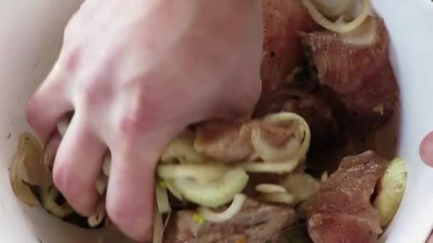 Mexendo pedaços de carne na marinada. Mistura completa de carne crua com anéis de cebola . — Vídeo de Stock