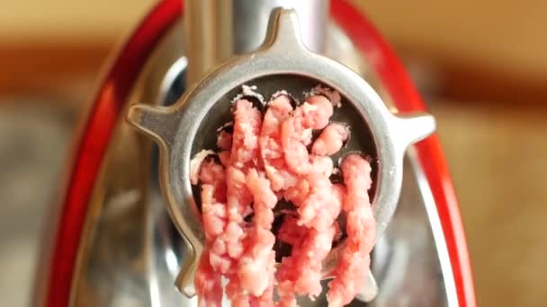 在家里准备碎肉 肉用粉碎机馅料的前视 — 图库视频影像
