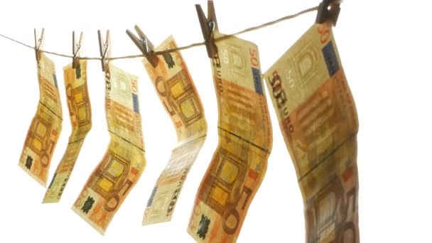 Euro Money Hangs Rope Attached Clothespins — Stock Video