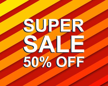 Kırmızı şeritli Satılık poster Super satış ile yüzde 50 metin kapalı. Reklam afişi