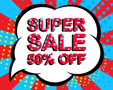 Satılık poster Super satış ile yüzde 50 metin kapalı. Reklam vektör afişi