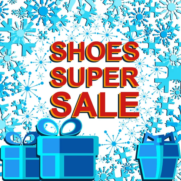 Grande poster di vendita invernale con scritta SHOES SUPER SALE. Pubblicità banner vettoriale — Vettoriale Stock