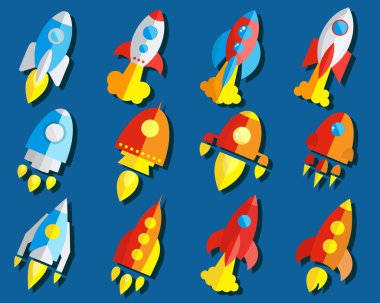 İzole roket ya da uzay gemisi düz simge kümesi