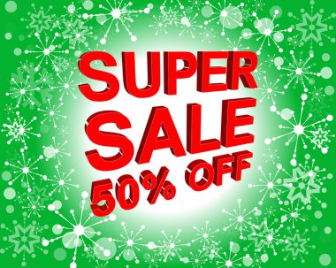 Kırmızı ve yeşil Satılık poster Super satış ile yüzde 50 metin kapalı. Reklam afişi