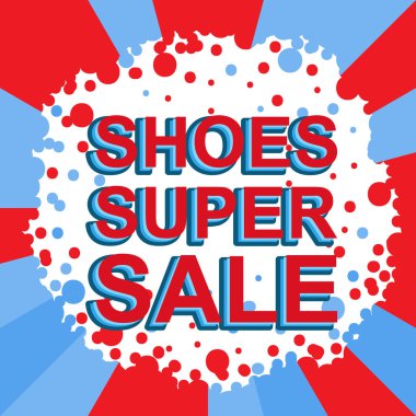 Kırmızı ve mavi Satılık poster ayakkabı süper Satılık metin ile. Reklam afişi