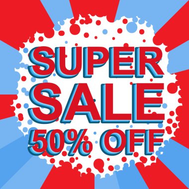 Kırmızı ve mavi Satılık poster Super satış ile yüzde 50 metin kapalı. Reklam afişi