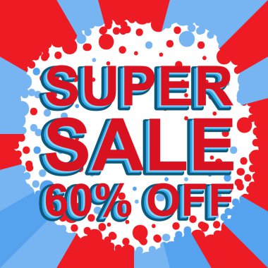 Kırmızı ve mavi Satılık poster süper Satılık ile 60 oranında Off metin. Reklam afişi