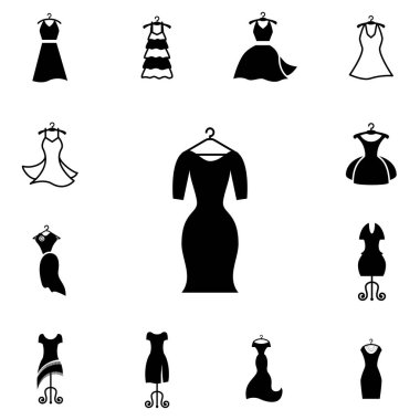 Parti moda elbise simgesini veya elbise askısı izole ile siluet