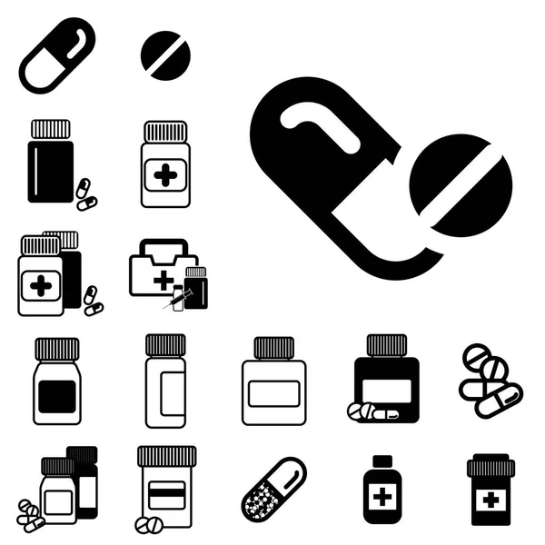 Diferentes pastillas o frascos de drogas iconos aislados — Vector de stock