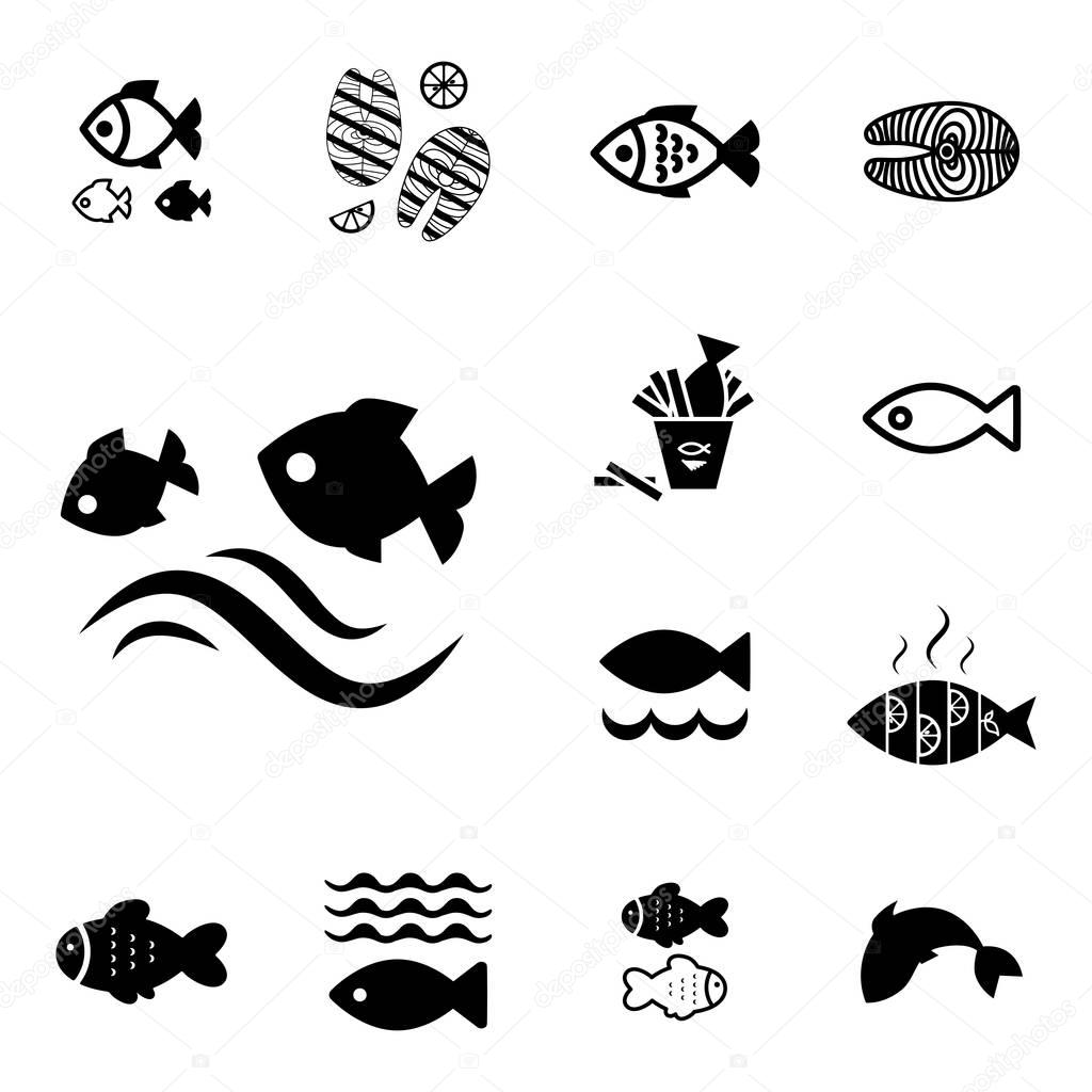 Set of Fish Vector Icon Isolated. Fishing or Seafood Template for Logo Design