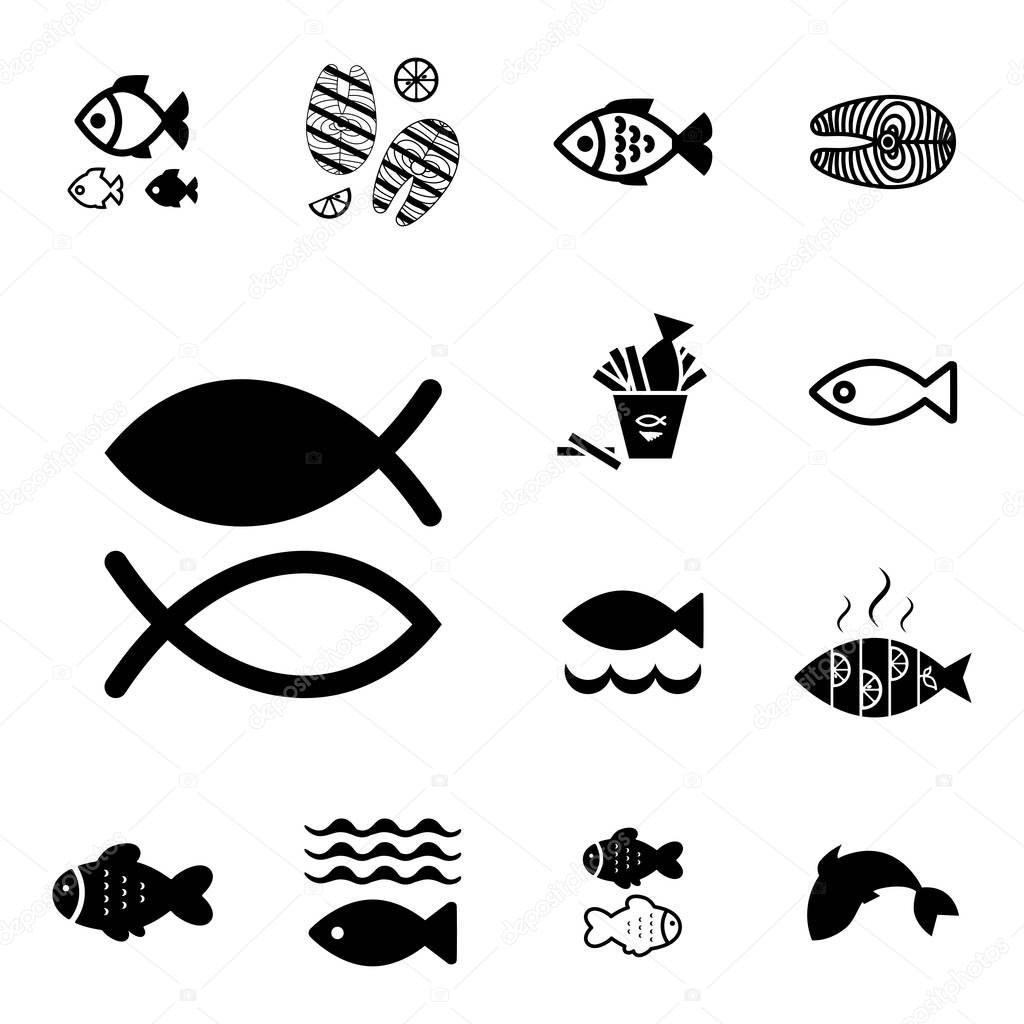 Set of Fish Vector Icon Isolated. Fishing or Seafood Template for Logo Design