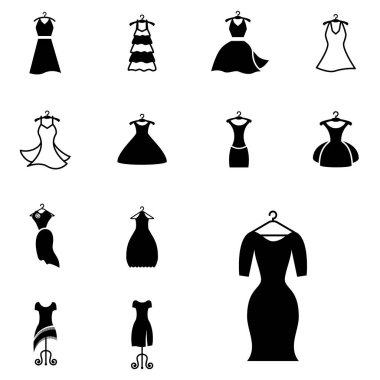 Parti moda elbise simgesini veya elbise askısı izole ile siluet