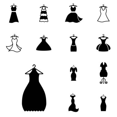 Parti moda elbise simgesini veya elbise askısı izole ile siluet
