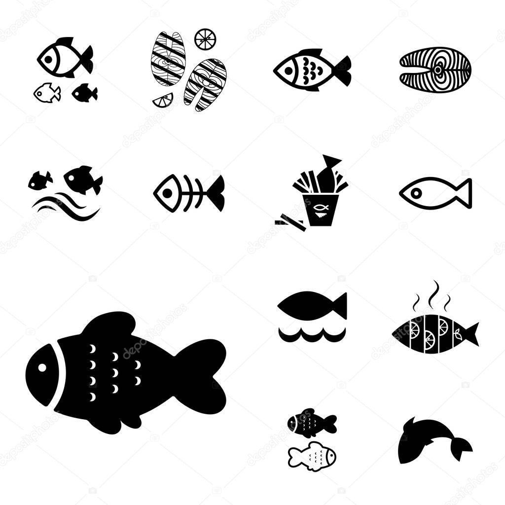 Set of Fish Vector Icon Isolated. Fishing or Seafood Template for Logo Design