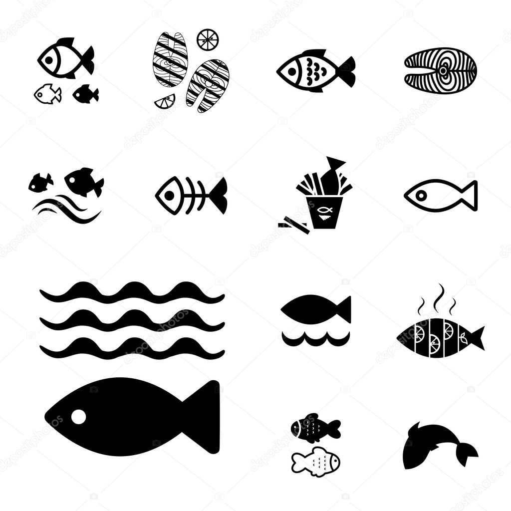 Set of Fish Vector Icon Isolated. Fishing or Seafood Template for Logo Design
