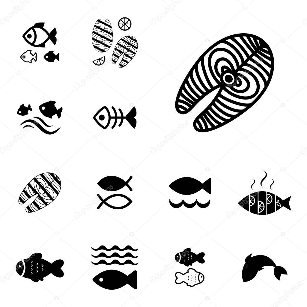 Set of Fish Vector Icon Isolated. Fishing or Seafood Template for Logo Design