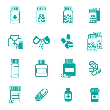 Farklı hap ya da ilaç izole simgeler kavanozlar