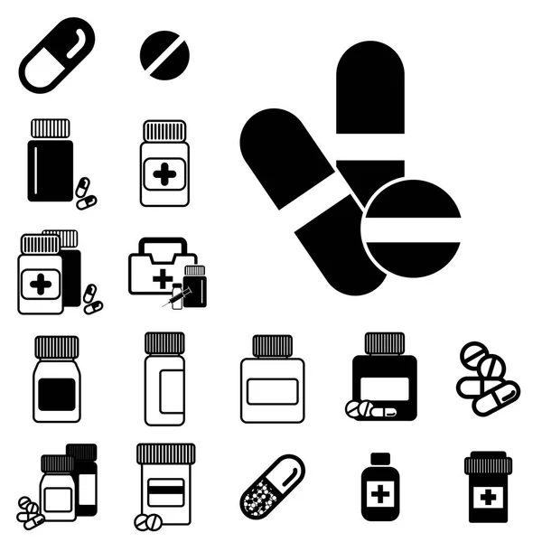 Diferentes pastillas o frascos de drogas iconos aislados — Vector de stock